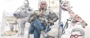 Diese am 17. September 2024 erstellte Gerichtsskizze zeigt den Hauptangeklagten während seines Prozesses. Ihm wird vorgeworfen, seine Frau unter Drogen gesetzt zu haben, damit er und Dutzende von Fremden sie in ihrem Haus in Mazan, einer kleinen Stadt in Südfrankreich, vergewaltigen konnten.