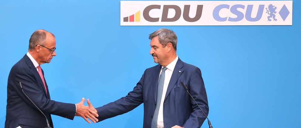 Pressekonferenz zur Klärung der K-Frage der Union: CDU-Chef Friedrich Merz und Bayerischer Ministerpräsident und CSU-Chef Markus Söder 