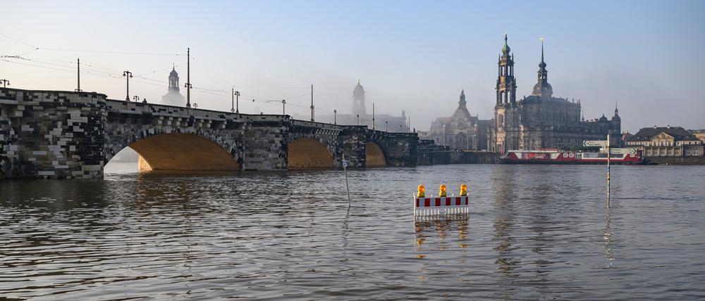 Die Elbwiesen gegenüber der Altstadt sind am Morgen im Nebel vom Hochwasser der Elbe überflutet.