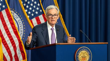 Jerome Powell, Chef der US-Notenbank Federal Reserve (Fed) bei der Verkündung des jüngsten Zinsschritts