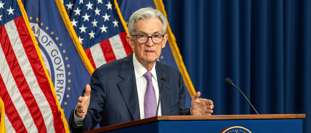Jerome Powell, Chef der US-Notenbank Federal Reserve (Fed) bei der Verkündung des jüngsten Zinsschritts