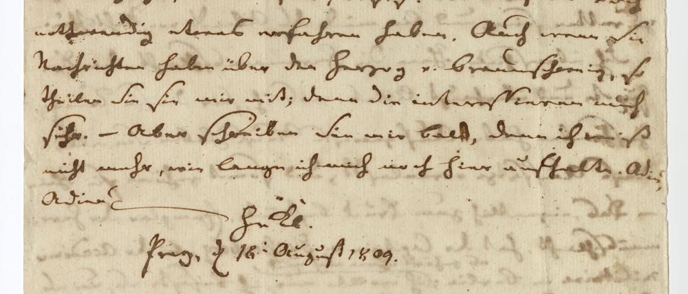 Brief 4, Seite 2 mit einer Unterschrift von Heinrich von Kleist. Er schrieb hier an Joseph von Buol, in Prag am 18. August 1809.