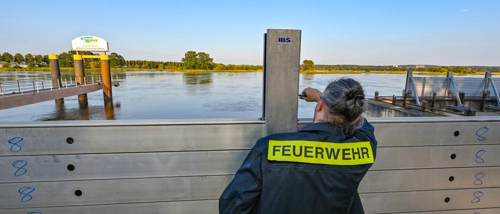 Ein Kamerad der Freiwilligen Feuerwehr errichtet eine mobile Hochwasserschutzwand am deutsch-polnischen Grenzflusses Oder.