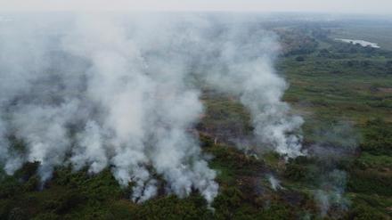 Diese Luftaufnahme einer Drohne zeigt ein Feuer entlang des Flusses Paraguay im Pantanal in Corumba, Mato Grosso do Sul, Brasilien. 
