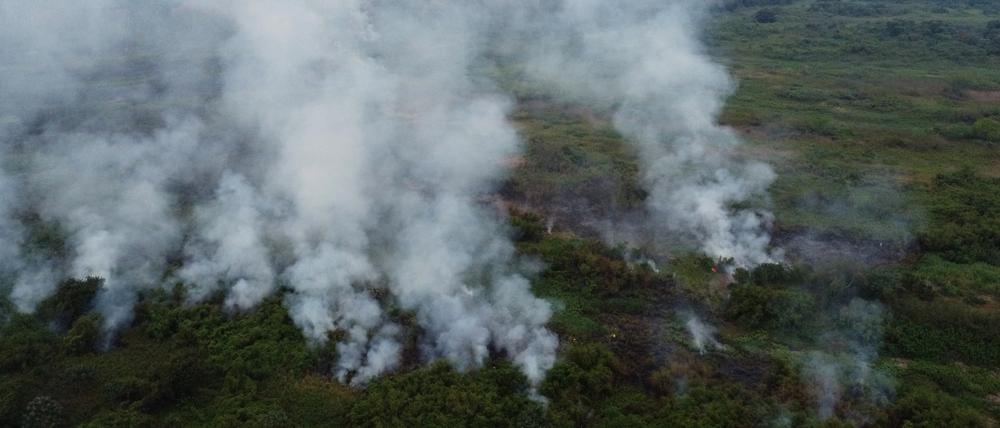 Diese Luftaufnahme einer Drohne zeigt ein Feuer entlang des Flusses Paraguay im Pantanal in Corumba, Mato Grosso do Sul, Brasilien.