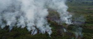 Diese Luftaufnahme einer Drohne zeigt ein Feuer entlang des Flusses Paraguay im Pantanal in Corumba, Mato Grosso do Sul, Brasilien. 