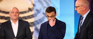 Von links nach rechts: Robert Crumbach (BSW), Jan Redmann (CDU) und Dietmar Woidke (SPD) im TV-Studio nach der Landtagswahl in Brandenburg.
