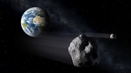 Das Handout-Foto der European Space Agency (ESA) zeigt die im Rahmen der Mission Asteroid Impact simulierte Begegnung von Asteroiden mit der Erde. 