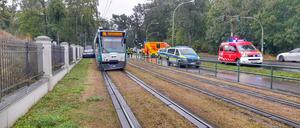 Der Tesla wurde zwischen der Tram und einer Mauer eingequetscht.