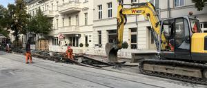 Gleisbauarbeiten in der Friedrich-Ebert-Straße in Potsdam.