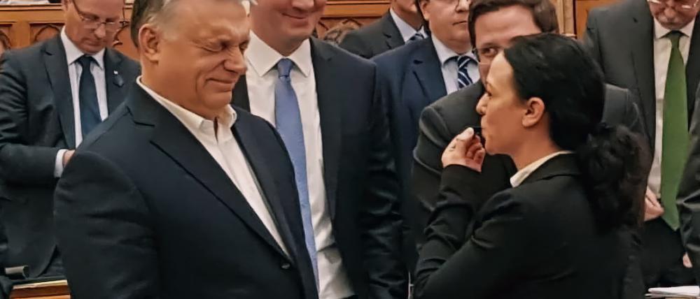 Die ungarische Oppositionspolitikerin Tímea Szabó pfeift auf Ministerpräsident Viktor Orbán: Szene aus dem Dokumentarfilm „Democracy Noir“.