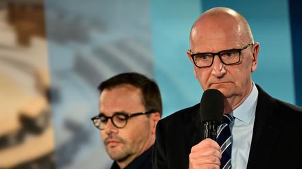 22.09.2024, Für eine Groko hat es nicht gereicht: Jan Redmann (CDU) und Dietmar Woidke (SPD) am Wahlabend 