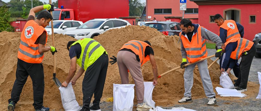 Brandenburg, Frankfurt (Oder): Geflüchtete helfen in einem freiwilligen Einsatz beim Befüllen von Sandsäcken gegen das drohende Hochwasser an der Oder.
