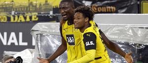Borussia Dortmund’s Serhou Guirassy feiert ein Tor mit Julien Duranville.