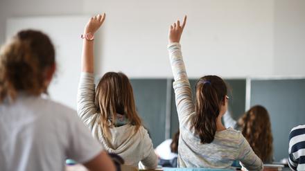 Schüler einer siebten Klasse melden sich während des Deutschunterrichts in einem Gymnasium.
