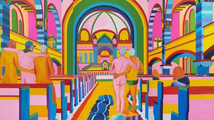 Die rosa Synagoge als Utopie: Das Triptychon „Andy, Ale und Margit in der Rykestraße“ von Navot Miller entstand 2024.