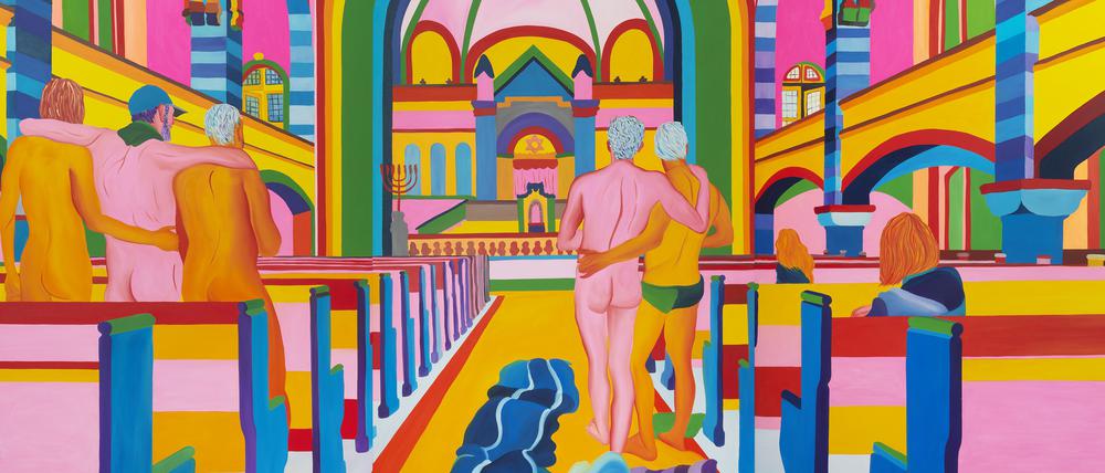 Die rosa Synagoge als Utopie: Das Triptychon „Andy, Ale und Margit in der Rykestraße“ von Navot Miller entstand 2024.