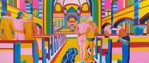 Die rosa Synagoge als Utopie: Das Triptychon „Andy, Ale und Margit in der Rykestraße“ von Navot Miller entstand 2024.