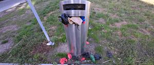 Ein überquellender Mülleimer in Potsdam. Mit weniger Einwegverpackungen sollen solche Bilder der Vergangenheit angehören. 