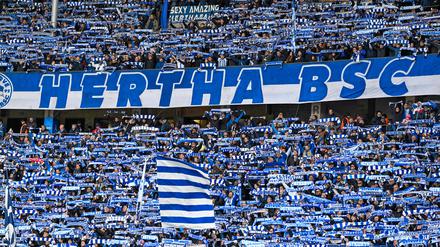 2. Bundesliga - Hertha BSC Berlin - FC Schalke 04 am 17.03.2024 im Olympiastadion in Berlin Fans der Hertha BSC Berlin halten ihre Schals in die Luft. 