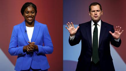 Diese Kombination von Bildern, die am 09. Oktober 2024 erstellt wurde, zeigt die Kandidaten für die Führung der Konservativen Partei, Kemi Badenoch (L) und Robert Jenrick, die am letzten Tag der jährlichen Konferenz der Konservativen Partei in Birmingham, Mittelengland, am 2. Oktober 2024 getrennte Reden halten.