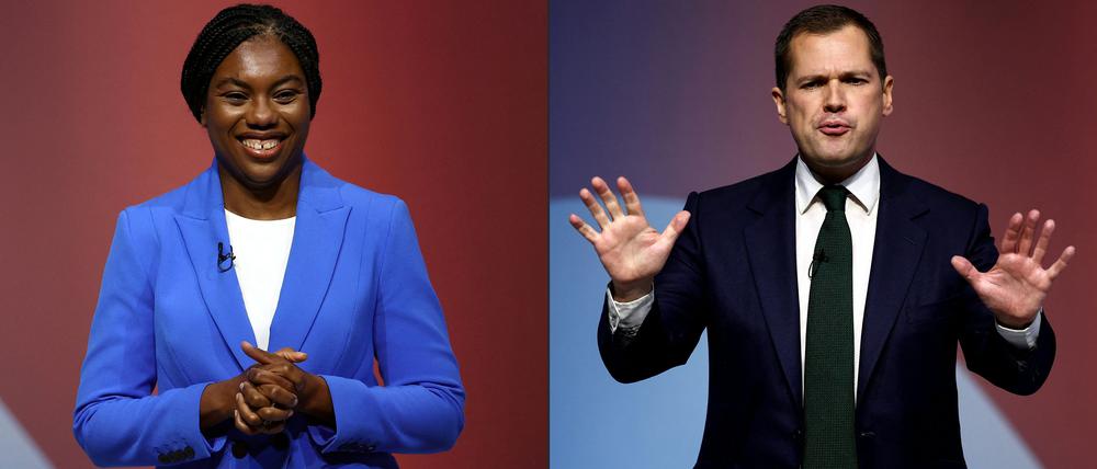 Diese Kombination von Bildern, die am 09. Oktober 2024 erstellt wurde, zeigt die Kandidaten für die Führung der Konservativen Partei, Kemi Badenoch (L) und Robert Jenrick, die am letzten Tag der jährlichen Konferenz der Konservativen Partei in Birmingham, Mittelengland, am 2. Oktober 2024 getrennte Reden halten.