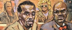 Sean 'Diddy' Combs', accompanied by attorney Anthony Ricco, and with his mom seated in the back, attends a hearing in federal court in the Manhattan borough of New York City, U.S., October 10, 2024 in this courtroom sketch. REUTERS/Jane Rosenberg