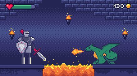 Pixelart: Ein Krieger kämpft 8-Bit-Drachen
