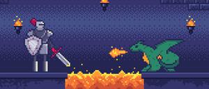 Pixelart: Ein Krieger kämpft 8-Bit-Drachen