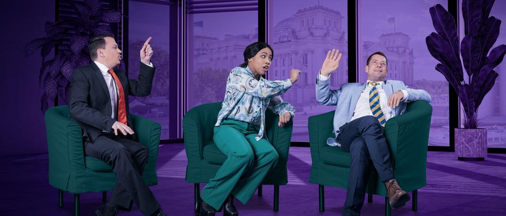 „Die Ampeltherapie“ in der Distel,  v.l. Timo Doleys, Samia Dauenhauer, Jens Eulenberger