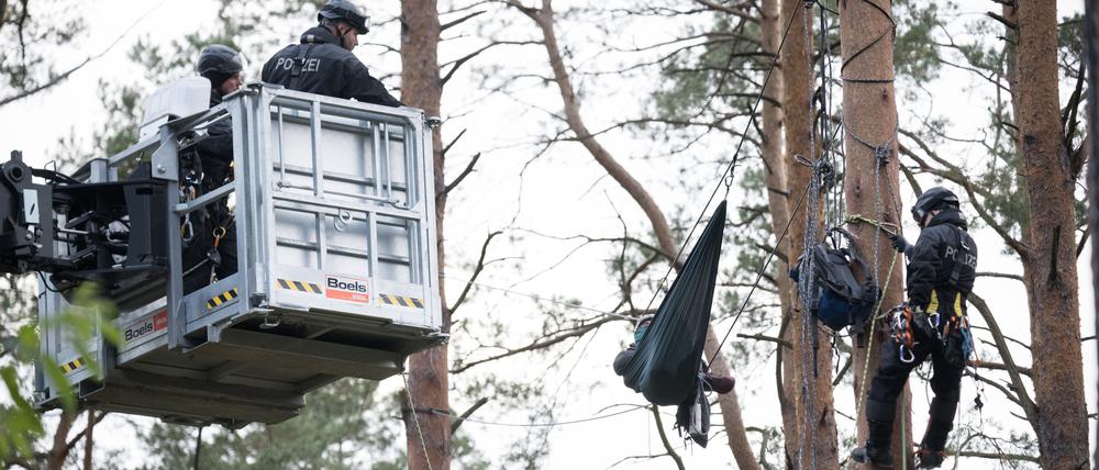 Ein Aktivist hängt in einem Waldstück nahe der Tesla Gigafactory Berlin-Brandenburg beim Protestcamp der Initiative «Tesla stoppen» zwischen Polizeibeamten.