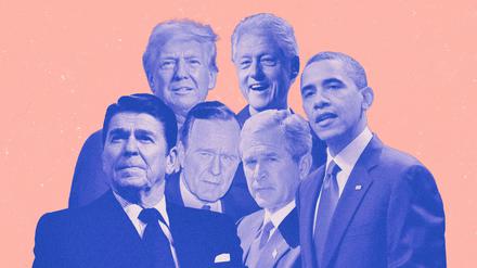 Die US-Präsidenten (von links nach rechts) Ronald Reagan, Donald Trump, George H. W. Bush, Bill Clinton, George W. Bush und Barack Obama (Montage). 