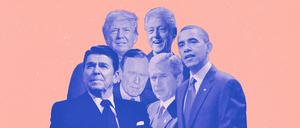 Die US-Präsidenten (von links nach rechts) Ronald Reagan, Donald Trump, George H. W. Bush, Bill Clinton, George W. Bush und Barack Obama (Montage). 