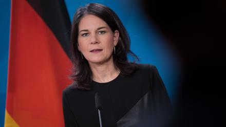 Annalena Baerbock (Bündnis 90/Die Grünen), Außenministerin, bei einem gemeinsamen Pressetermin mit der lettischen Außenministerin im Auswärtigen Amt.