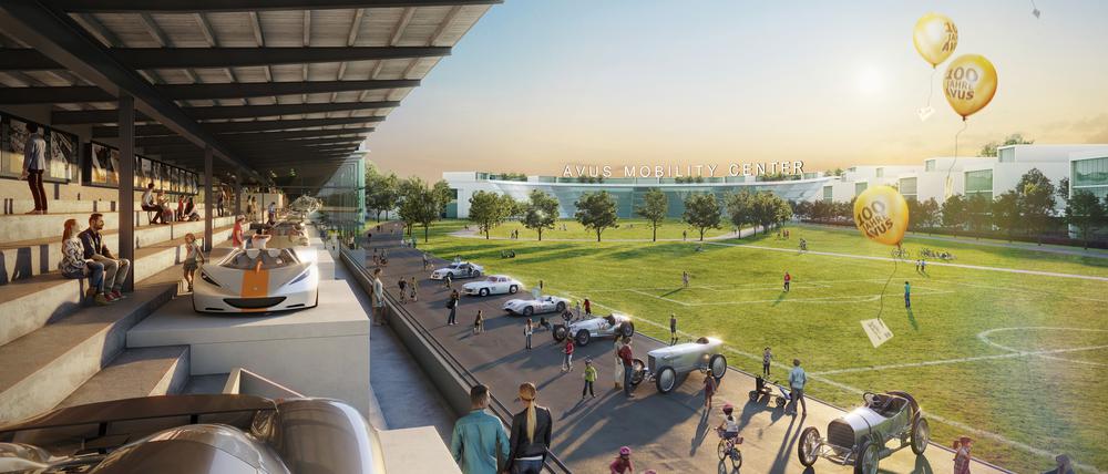 Die Avus-Tribüne in einem Entwurf vom Architekturbüro Christoph Janiesch, der auf ein automobiles Publikum zielt.