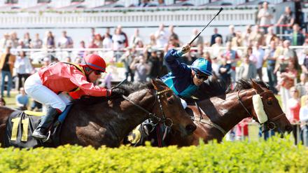 Gerte im Einsatz. Ein älteres Bild aus Hoppegarten, beim Galopprennen ist der Einsatz der Gerte inzwischen reglementiert. 