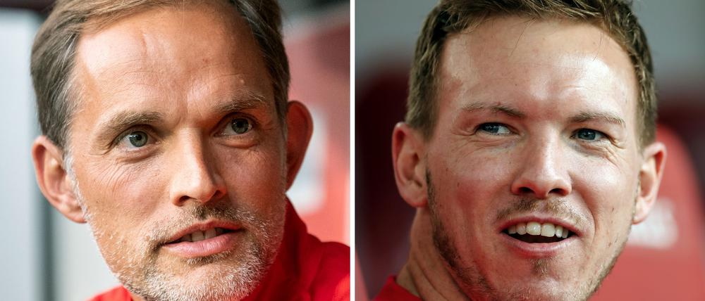 Thomas Tuchel (l.) und Julian Nagelsmann bevorzugen beide derzeit einen Nationaltrainer-Posten.
