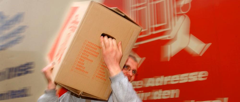 Ein Mitarbeiter einer Schweriner Möbelspedition, der einen Umzugskarton zum Möbelwagen trägt. 