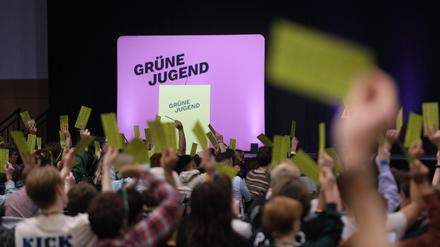 Delegierte des Bundeskongresses der Grünen Jugend heben Stimmkarten in die Höhe. Bei der dreitägigen Versammlung soll unter anderem ein neuer Vorstand gewählt werden. 