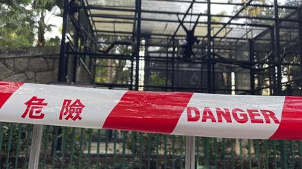 Nach dem Tod mehrerer Affen im zoologischen und botanischen Garten von Hongkong wurde eine Absperrung mit der Aufschrift „Gefahr“ um das Affengehege errichtet.