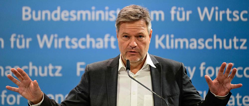 Beschwörende Geste: Wirtschaftsminister Robert Habeck bei seiner Pressekonferenz am Mittwoch in Berlin.