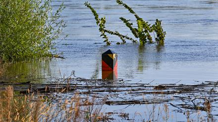 Ein über zwei Meter hoher Grenzpfeiler ragt nur noch wenige Zentimeter aus dem Hochwasser vom Fluss Oder. Die Wasserstände in den Hochwassergebieten an der Oder gehen weiter leicht zurück. Die Alarmstufe 3 wird nach Angaben von Brandenburgs Umweltminister Vogel noch einige Tage andauern. +++ dpa-Bildfunk +++