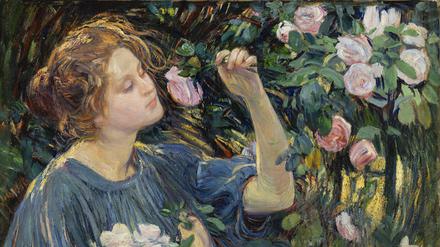Dora Hitz, In den Rosen, vor 1913 (1909-1912?), Öl auf Leinwand, Museum Wiesbaden, Hessisches Landesmuseum für Kunst und Natur.
