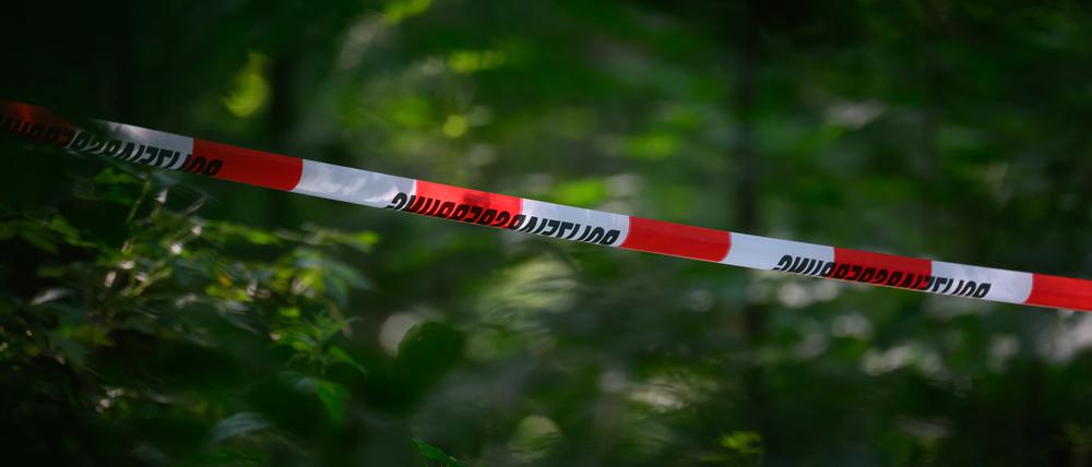 Absperrband der Polizei ist in einem Wald gespannt (Symbolbild).