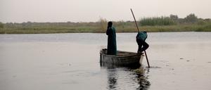 Ein Fischer und sein Sohn staken auf dem Tschadsee mit einer Pirogge.  