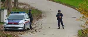 Einsatzkräfte der Polizei fahnden in Altenfelden im Mühlviertel in Oberösterreich nach dem Tatverdächtigen.