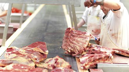 Mitarbeiter am Förderband für Fleisch. Umweltverbände werfen Fleischkonzernen vor, ihren Sorgfaltspflichten nicht gerecht zu werden. 