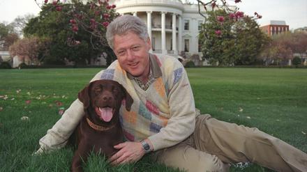 Bill Clinton und sein Hund Buddy auf dem Rasen vor dem Weißen Haus. 