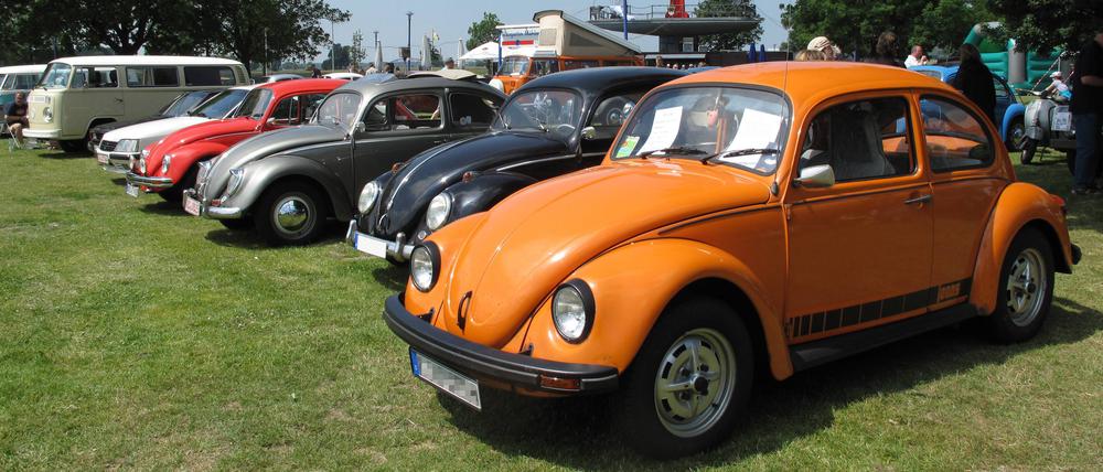 Mehrere VW Käfer in verschiedenen Farben und in unterschiedlichen Ausführungen. Im Vordergrund das Sondermodell 1200 Jeans Käfer (Baujahr 1975, Farbe: Nepalorange).