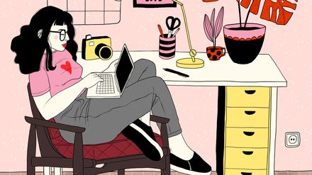 Illustration. Eine junge Frau sitzt im Homeoffice mit Laptop am Schreibtisch.
